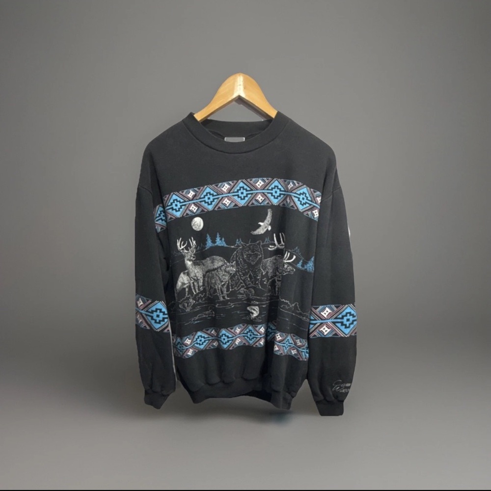 Vtg AU Sportswear Wildlife Landscape  Bear and Moose Sweatshirt Size L 80s black
